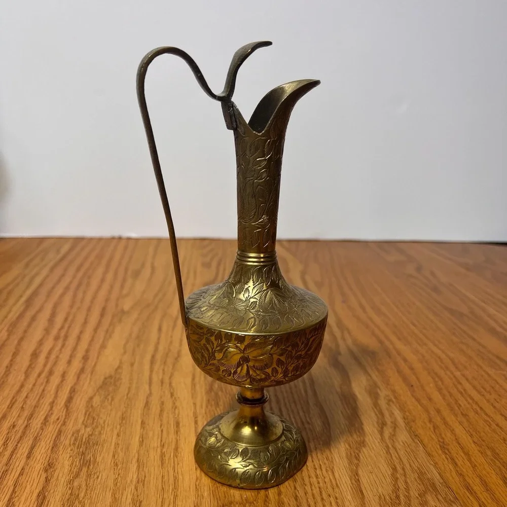Vintage Engraved Brass Ewer Pitcher Vase Ornate Floral Etched Pedestal Decor